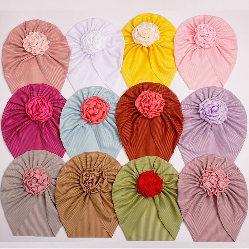 Sombreros de turbante con nudo acanalado de flores para niñas pequeñas, gorros elásticos finos a rayas, gorro para recién nacidos, 0-3T