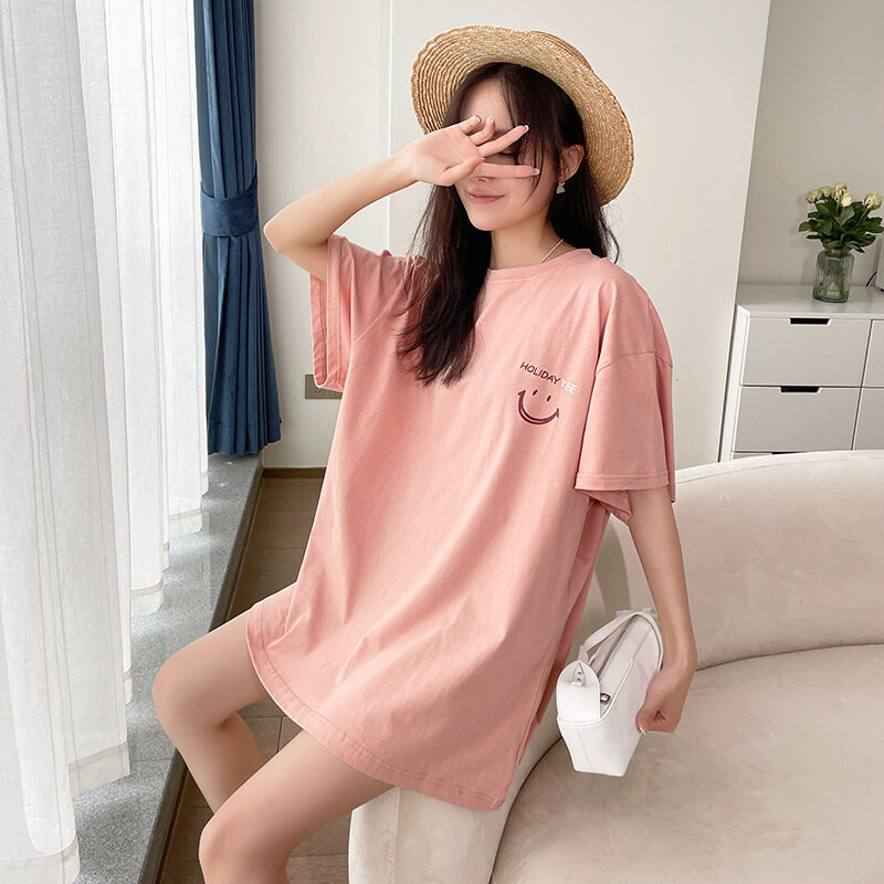 Rosto sorridente camiseta feminina verão solto em torno do pescoço manga curta sólido carta topo novo estilo rainha de indie y2k roupas anime