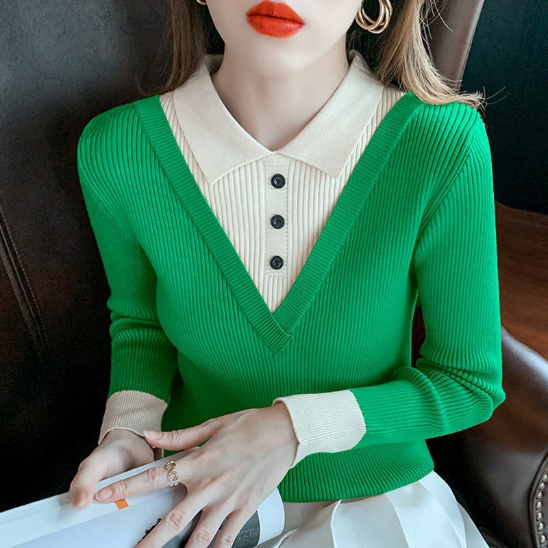Donna autunno inverno maglioni lavorati a maglia falso due pezzi contrasto colore Patchwork bottone Slim moda femminile Casual Pullover maglione