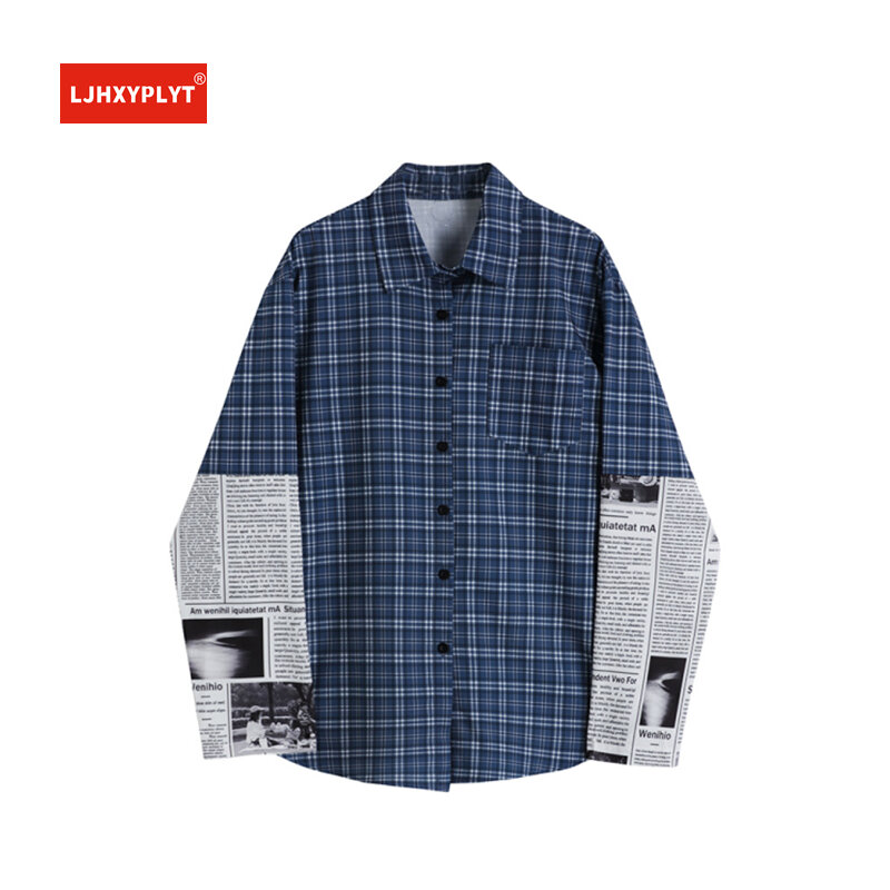 Patchwork koszula w kratę damska Retro obrazkowy drukowany wzór wiosna jesień HK styl z długim rękawem BF luźna ponadgabarytowa neutralna bluzka