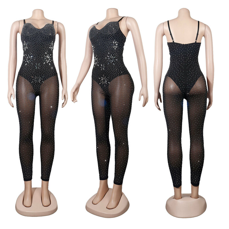 Wishyear 2022 Sexy Crystal Black Sheer Mesh Jumpsuit Women Birthday Party Night Club See Through Outfits for Dropshipping