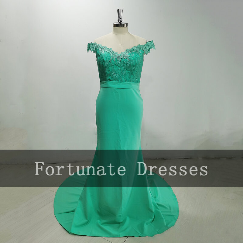 ปิดไหล่ Mermaid Mint ลูกไม้ Appliques แม่บ้านของ Gowns เกียรติยศ Beach เจ้าสาวงานแต่งงาน2022 Real Photo