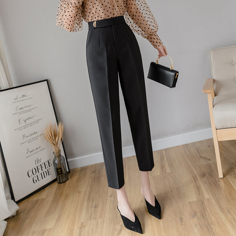 Verão elegante escritório senhora botão de cintura alta harem calças femininas preto nove pontos terno calças senhoras 280f