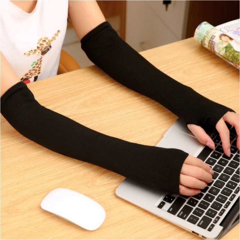 女性女の子ニット指なしロング手袋ストライプ肘の長さの上に印刷冬伸縮アーム Warmer Sleeves 親指穴