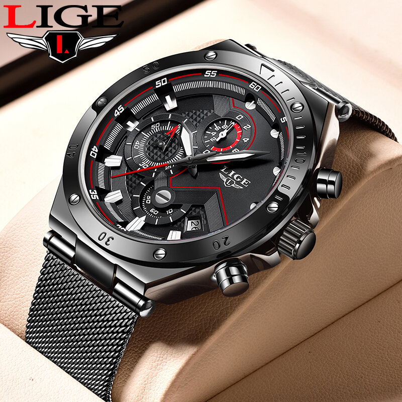 LIGE Luxury Mens นาฬิกาสปอร์ตกันน้ำนาฬิกาข้อมือควอตซ์นาฬิกาผู้ชายแฟชั่นนาฬิกาผู้ชายเหล็กทั้งหมดกอ...