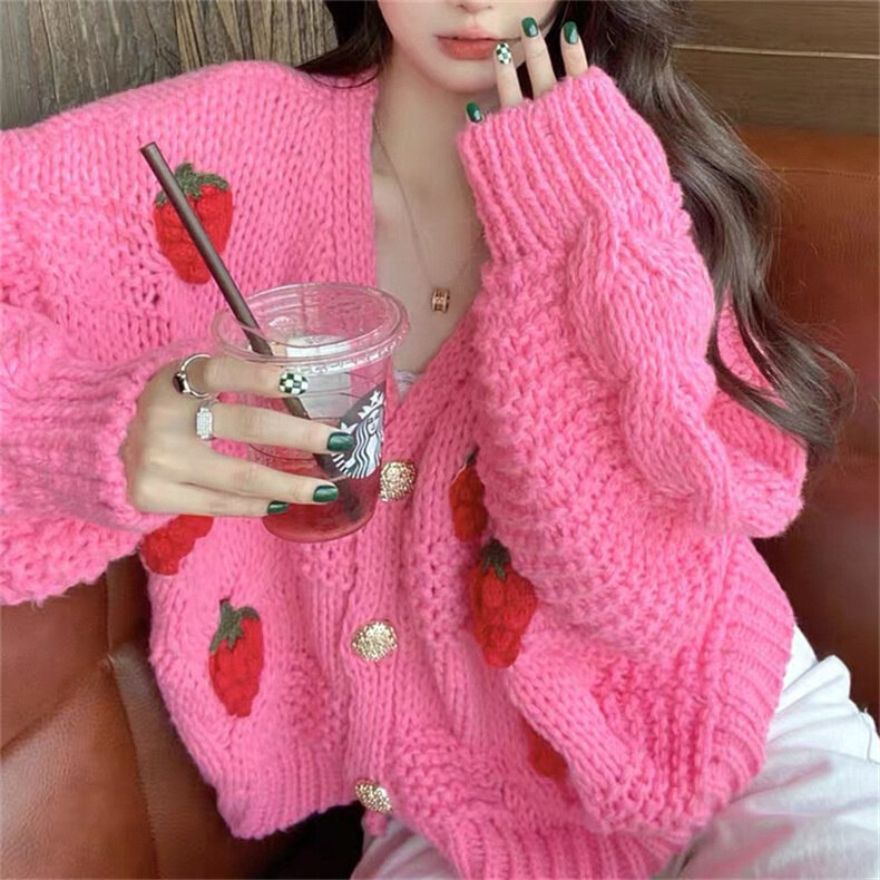 Jaket Sweter Kardigan Rajutan Stroberi Manis Fashion Wanita Atasan Sweter Longgar Kasual Lengan Panjang Musim Gugur dan Musim Dingin Wanita Y2K