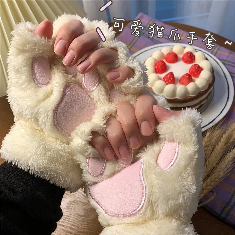 Moda meninas adorável gato garra pata de pelúcia mittens quente macio pelúcia curto fingerless feminino lazer urso gato luvas metade do dedo presentes