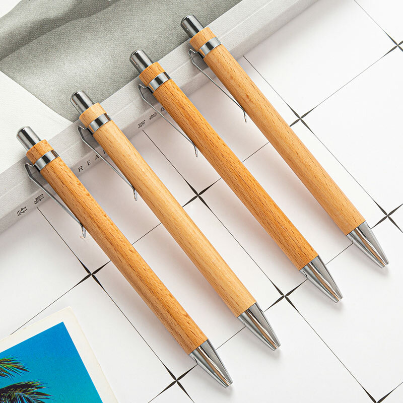 Stylo à bille en bois de bambou 1.0mm, lot de 4 pièces, pointe à balle, encre bleue et noire, stylo à bille Signature, papeterie scolaire et de bureau