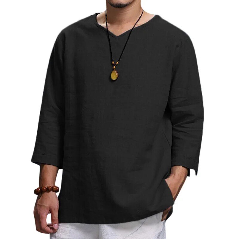 Camiseta de algodón y lino de Color sólido de alta calidad, Camiseta holgada con cuello en V, diseño de moda, camisetas ajustadas de manga larga 2022
