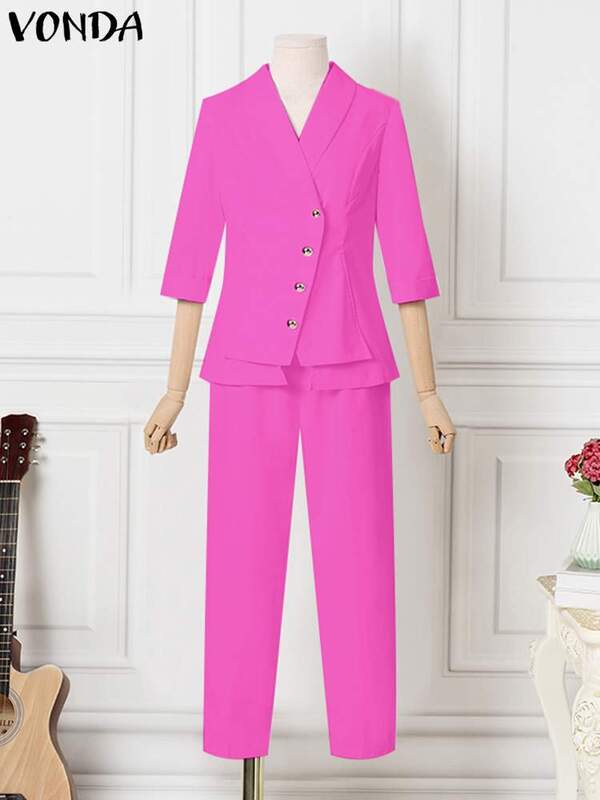 Set Celana Kantor VONDA 2022 Pesta Mode Elegan Celana Panjang Setelan Wanita 3/4 Lengan Kerah Tombol Mantel Setelan Set Formal