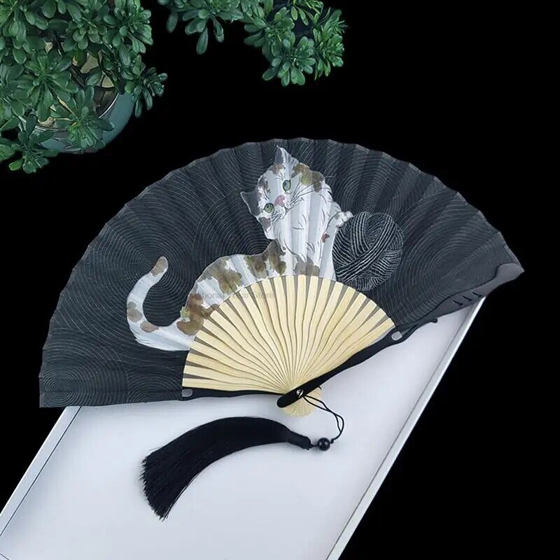 Chinesischer Fan Falt fächer Sommer tragbare Falt fächer Katze Baumwolle orientalischen japanischen Stil klassischen Fan Hanfu Zubehör Geschenke