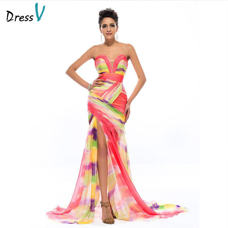 DressV kolorowy nadruk syrenka długa suknia 2022 szyfonowa Sweetheart Ruched seksowny przedział przód sukienki wizytowe suknie na przyjęcie