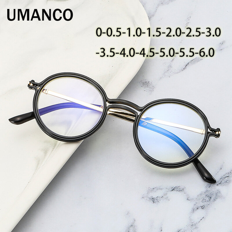 -0.5-1.0-1.5 rétro mode fini myopie lunettes pour femmes hommes rond noir or cadre Anti lumière bleue Prescription lunettes