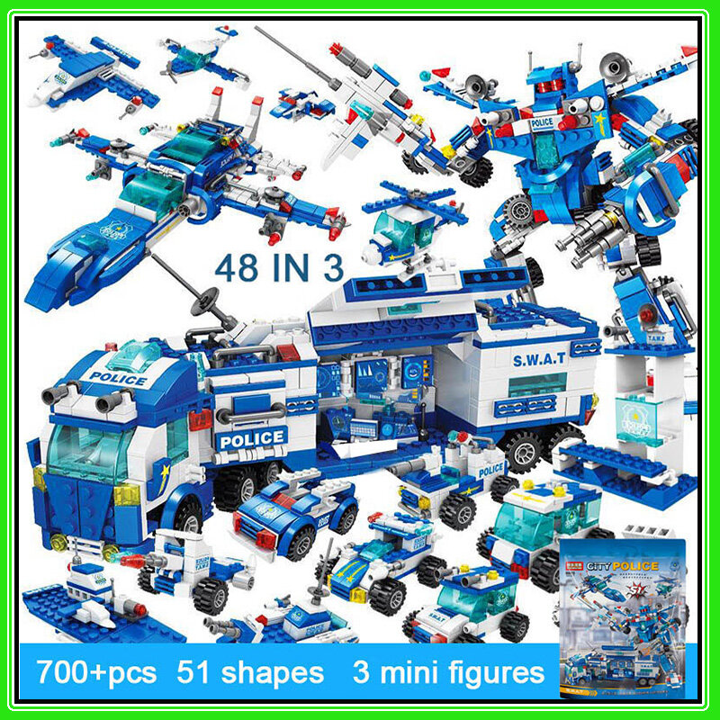 어린이 장난감 크리스마스 선물 경찰서 트럭 퍼즐 만화 모델 빌딩 블록, 도시 자동차 헬리콥터 차량 벽돌