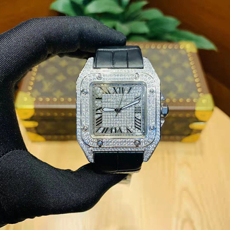 Santos – montre-bracelet en cuir véritable pour homme et femme, marque de luxe, étanche, automatique, avec diamants, W20073X8