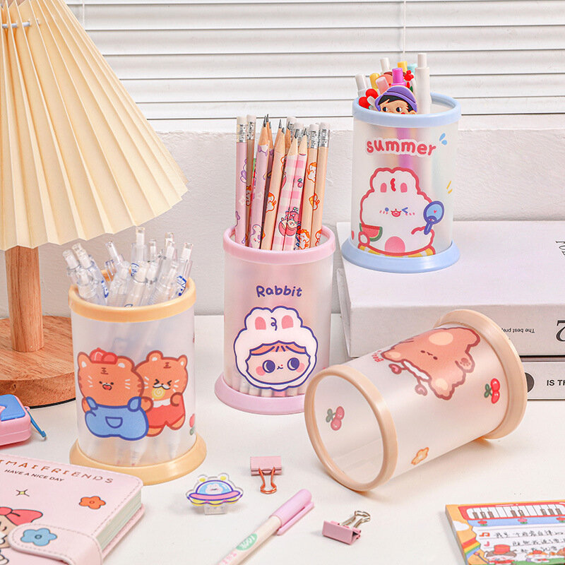 Kawaii Transparent Acrylic Pen Holder Desktop Organizer INS New Fashion Cute Bear Bunny Office Stationery Cosmetics Storage Box