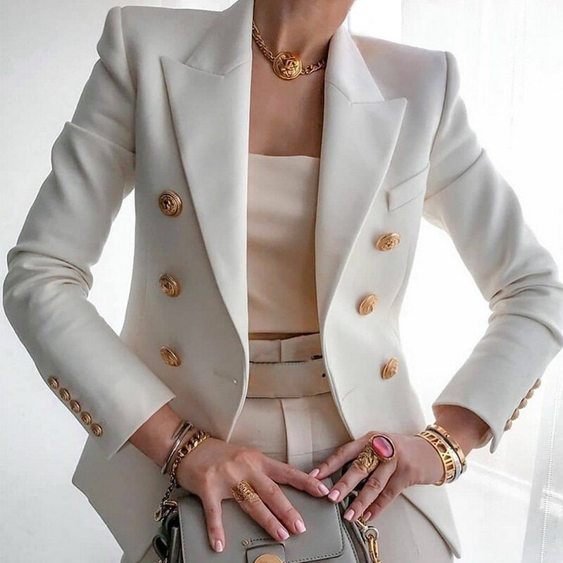 White Blazer Women 2022 Slim Elegant Blazers Jacket Women's Fitting Metal Lion Buttons Double Breasted Blazer Femme