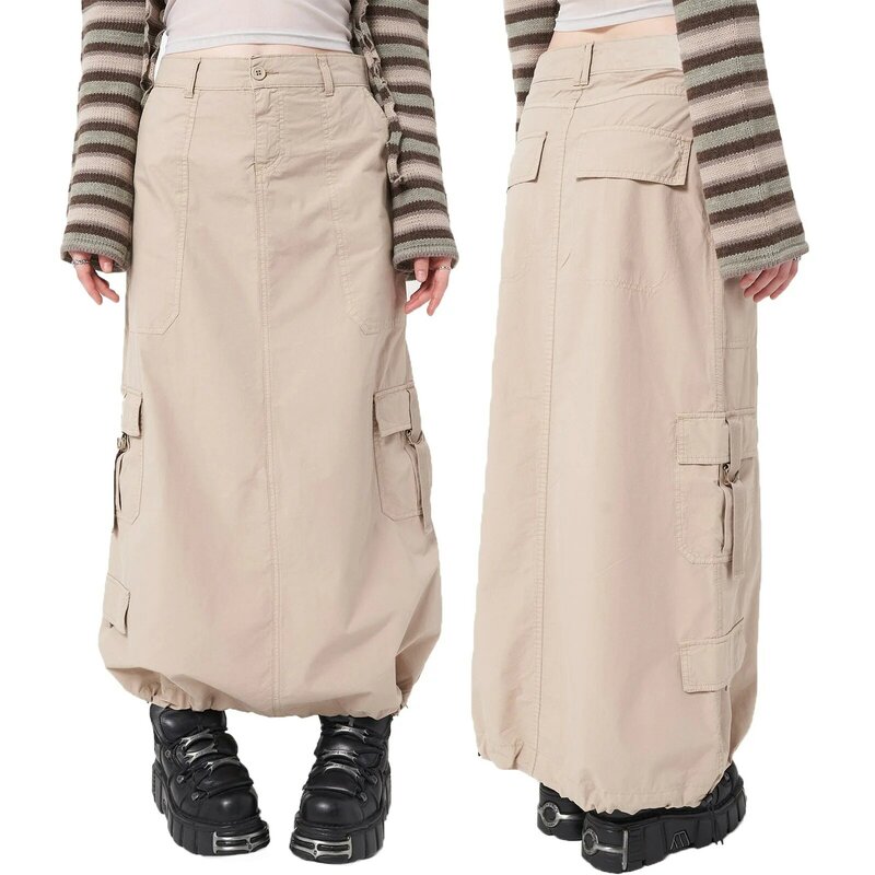 European And American Style Autumn Women's Skirt New 2022 Stitching Cotton Comfortable Casual Khaki Multi-pocket Tooling Skirt
