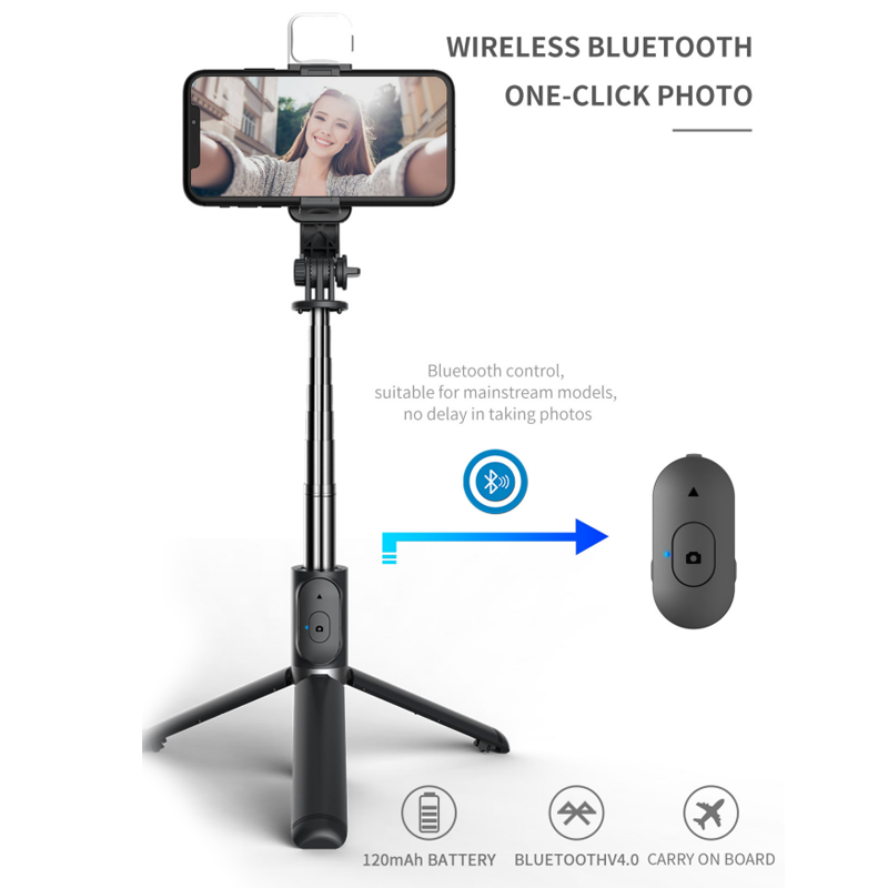 Wireless Bluetooth Selfie Stick Foldable Tripod for Ios Android with Fill Light Shutter Remote Control 360° Rotating Holder