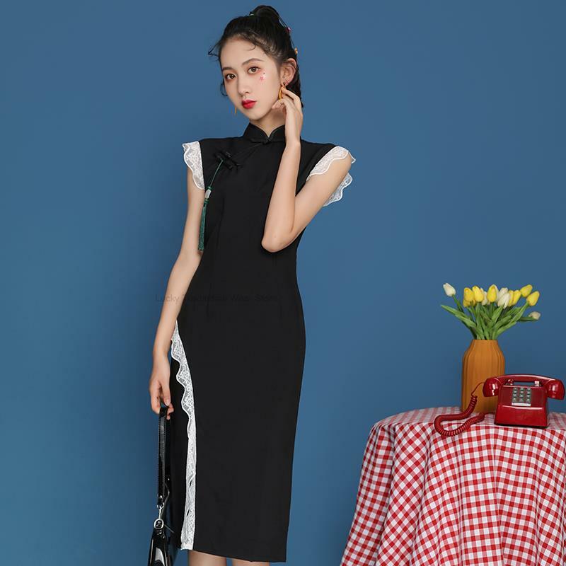 Китайская традиционная одежда, летнее повседневное кружевное чонсам, чонсам, черное сексуальное элегантное платье в китайском стиле для молодых девушек, Qipao