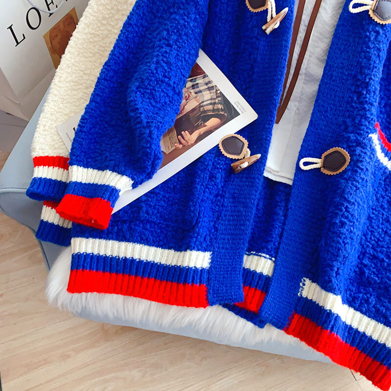 Song yi-女性用の特大の青いニットジャケット,厚くてプレッピーな秋と冬のセーター,ストライプのコートa0258,新しいコレクション2022