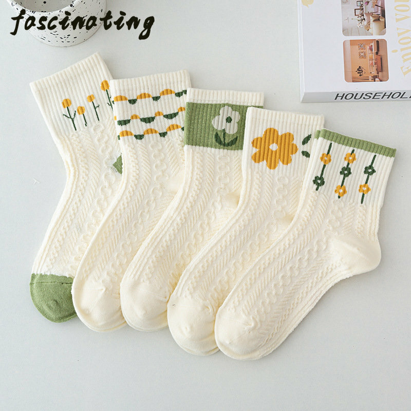 Conjunto de meias de tubo baixo respirável feminino, algodão poliéster retrô, estilo japonês, meia curta casual, elegante, 5 pares