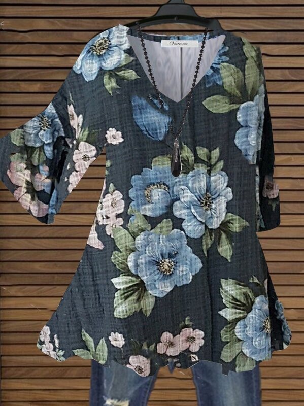 Pakaian Wanita Musim Panas 2022 Atasan S-5XL Kaus Gambar Bunga Longgar Kasual Mode Baru Kerah V Y2K