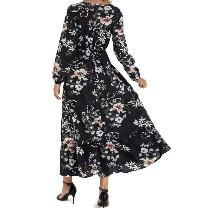 المرأة طويلة الأكمام الأزهار المطبوعة فستان ، الكاحل طول تنورة ، جولة الرقبة ، أنيقة ، الخريف ، الشتاء ، موضة جديدة