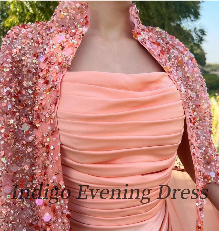 Indigo Light Orange Satin Prom Dresses Strapless Luxury Cape Sequin Mermaid Women Formal Occasion Dress 2024 robes de soirée