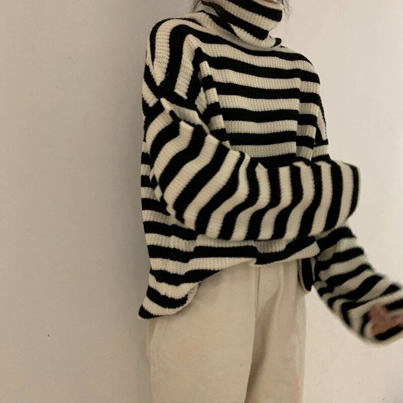 DAYIFUN Gestreiften Pullover Frauen Übergroßen Winter Gestrickte Pullover Vintage Top Ins Koreanische Verdickung Lose Warm Rollkragen Pullover