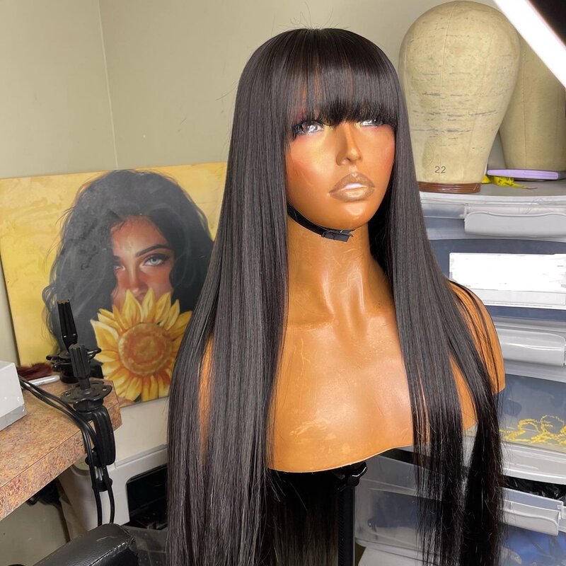Soft 26 inch Natural Black Long Silky Straight Synthetic Machine WigWith Bangs For Black Women Glueless Cosplay Heat Fiber Wig