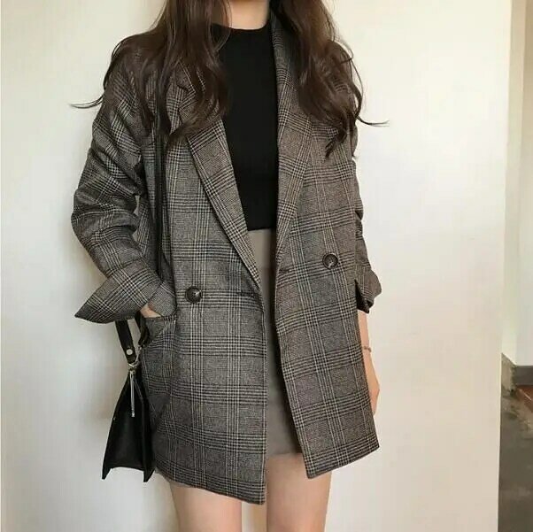 Giacca da abito britannica retrò donna autunno inverno cappotto blazer stile coreano Plaid a righe donna abbigliamento Vintage cappotti neri ufficio