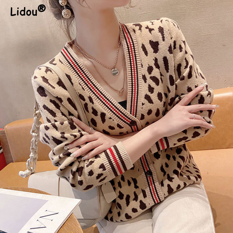 Jesienno-zimowa elegancka bluza z dzianiny w stylu Casual drukowanie sweter rozpinany dla kobiet lekka 2022 nowa jednorzędowa elegancka koreańska bluzka