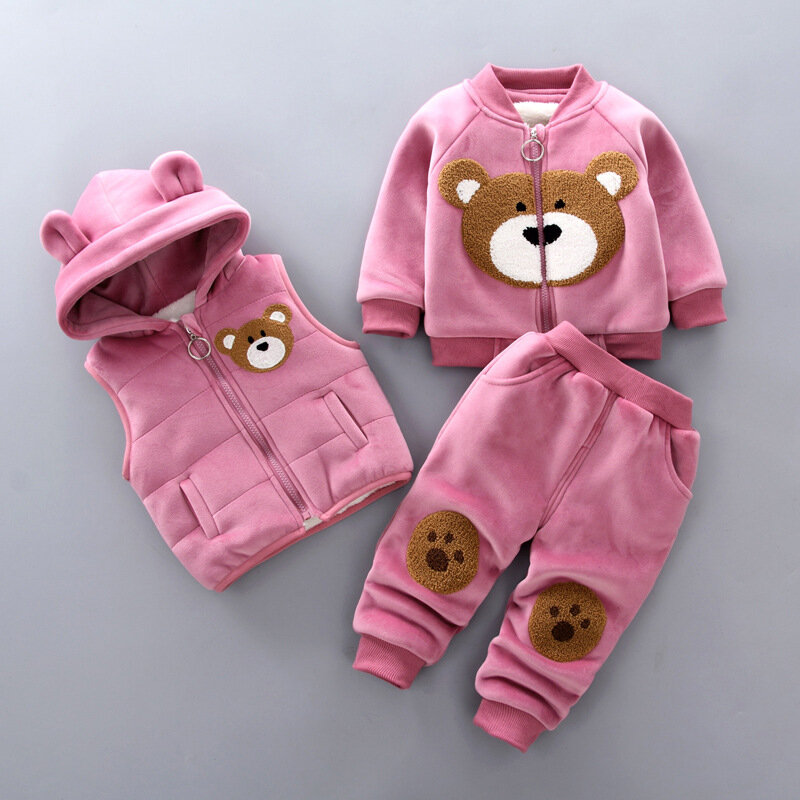 Pakaian Bayi Laki-laki Musim Gugur dan Musim Dingin Kapas Murni Tebal Hangat Sweter Bertudung Kasual Kartun Lucu Beruang Tiga Potong Setelan Bayi Perempuan