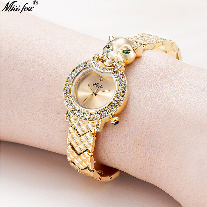 MISSFOX-relojes de lujo de marca Miss Fox para mujer, relojes de cuarzo con esfera de leopardo dorado, relojes de pulsera plateados para mujer