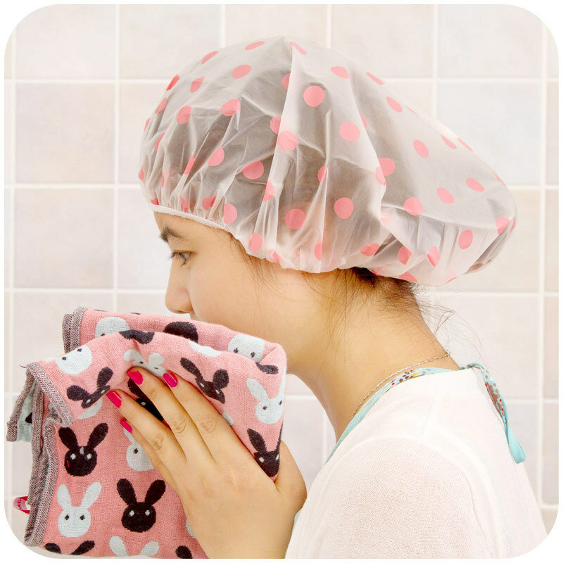 Fashion Waterproof Shower Cap Dot Bath Hair Cover Hat Bathroom Products Wide Elastic Band Color Random