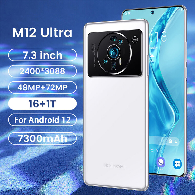 M12 Ultra Cell Phone Quad Core Double Card Dual Standby 48 72MP Camera Face Recognition 4G 5G 16GB/1TB 7300mAh Battery 7.3 Inch