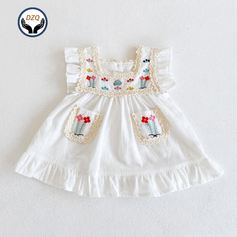 Gaun Musim Panas Bayi Bordir Gaun Putri Katun Putih Gaun Bayi Perempuan A-Line untuk Pakaian Bayi Pesta Ulang Tahun 0-3Y