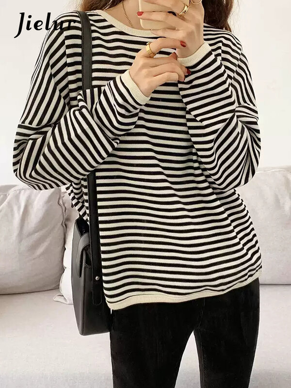 Jielur 2022 Autumn and Winter New Korean Version Casual Lazy Style Pullover Striped Sweater Women Loose Top Coat