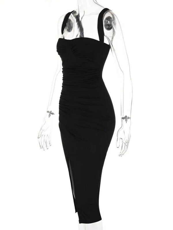 ชุดราตรีผู้หญิงฤดูร้อน2022ชุดราตรีสีดำ Midi Bodycon Dress Elegant Club Slit เซ็กซี่ชุดสำหรับงานแต่งงานวันเกิด