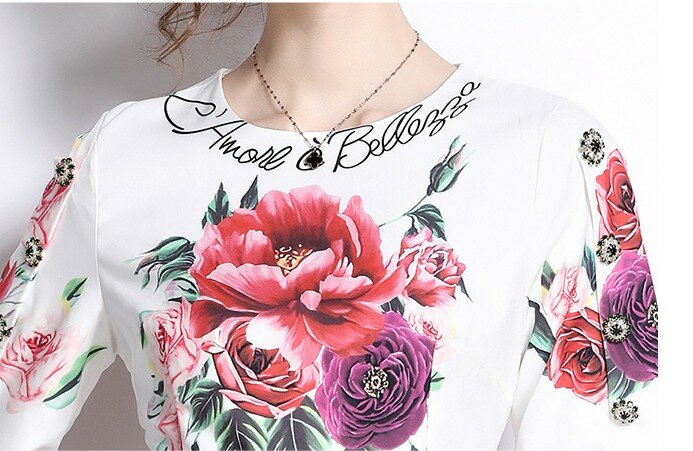 Neue Mode Sommer Rose Blume Druck Oansatz Party Kleid 2022 Runway Elegante Frauen Diamanten Taste Kurzarm Bodycon Kleider