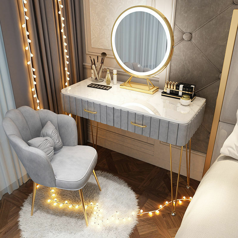 Tocador moderno con espejo LED para el hogar, mesa de maquillaje con tablero de densidad, muebles de dormitorio
