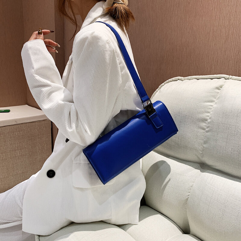 Bolso de hombro de piel sintética para mujer, bolsa de hombro lisa y rectangular, de alta calidad, color azul, a la moda