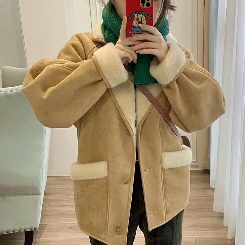 Jaket Mantel Rambut Domba Coklat Muda Wanita, Jaket Bantalan Katun Tebal Kulit Rusa Gaya Vintage Korea Musim Gugur dan Musim Dingin