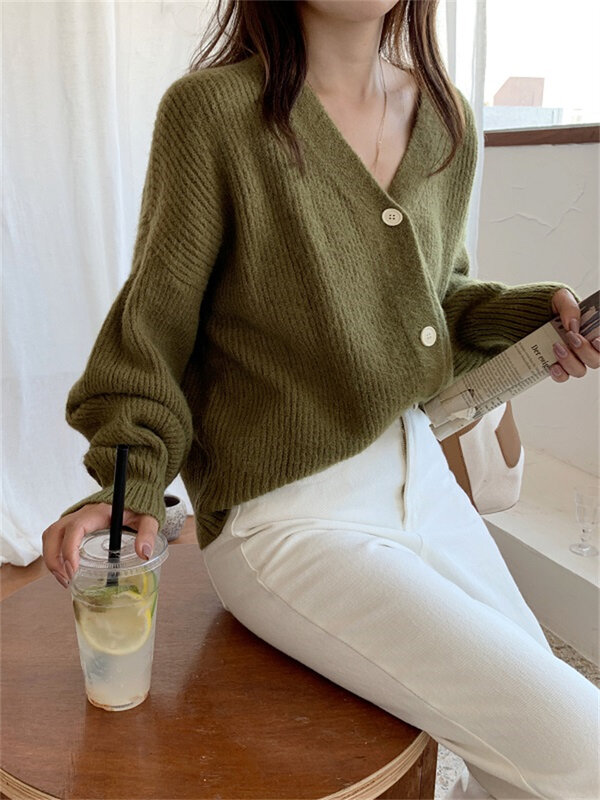 Suéter feminino elegante com decote em v, cardigã folgado com manga bufante, estilo single-breasted para outono e inverno