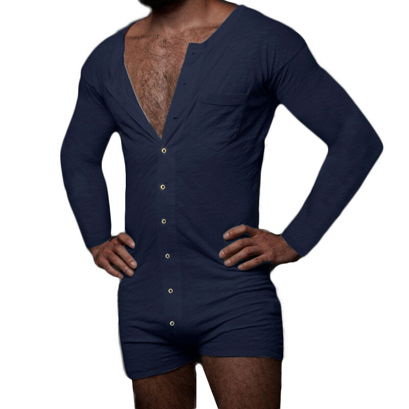 Jumpsuit ผู้ชายชุดนอนเซ็กซี่ชุด Onesies แขนยาวสีทึบ Romper Single-Breasted Leisure ชุดนอนชุดนอน