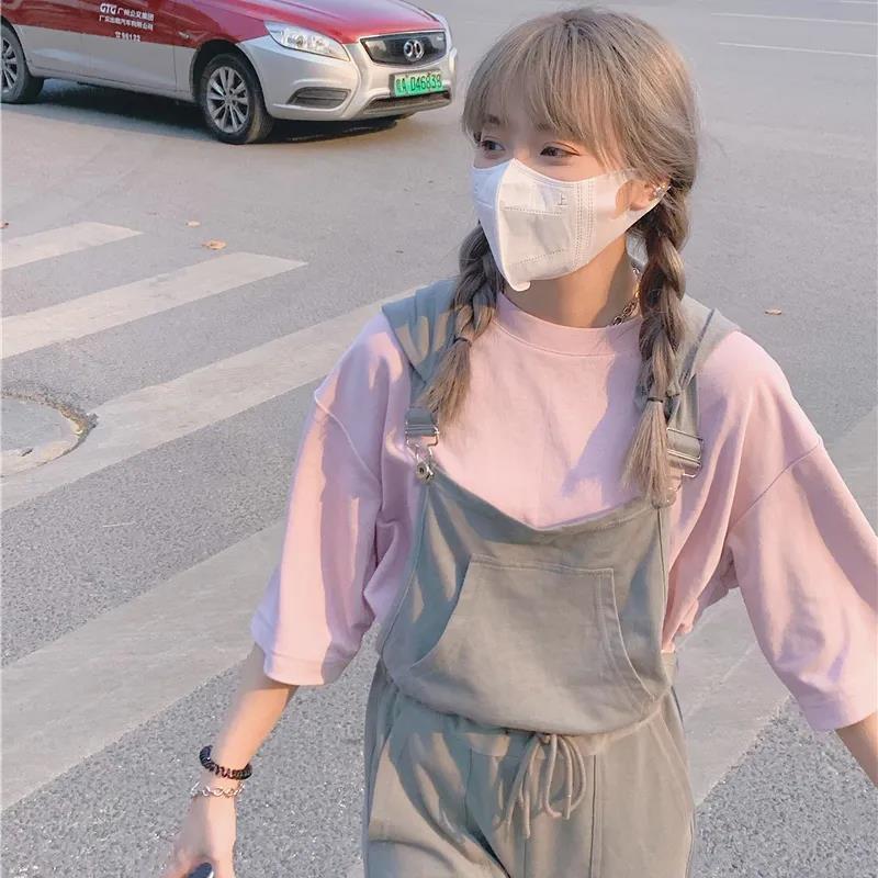 Sets Women Fashion Full Length Solid Overalls T-shirts Summer Preppy Style Causal All-match Daily College Korean Soft Outfits