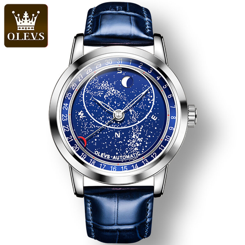 Olevs-自動本革ストラップ,男性用腕時計,ファッショナブルな自動巻き星空防水時計