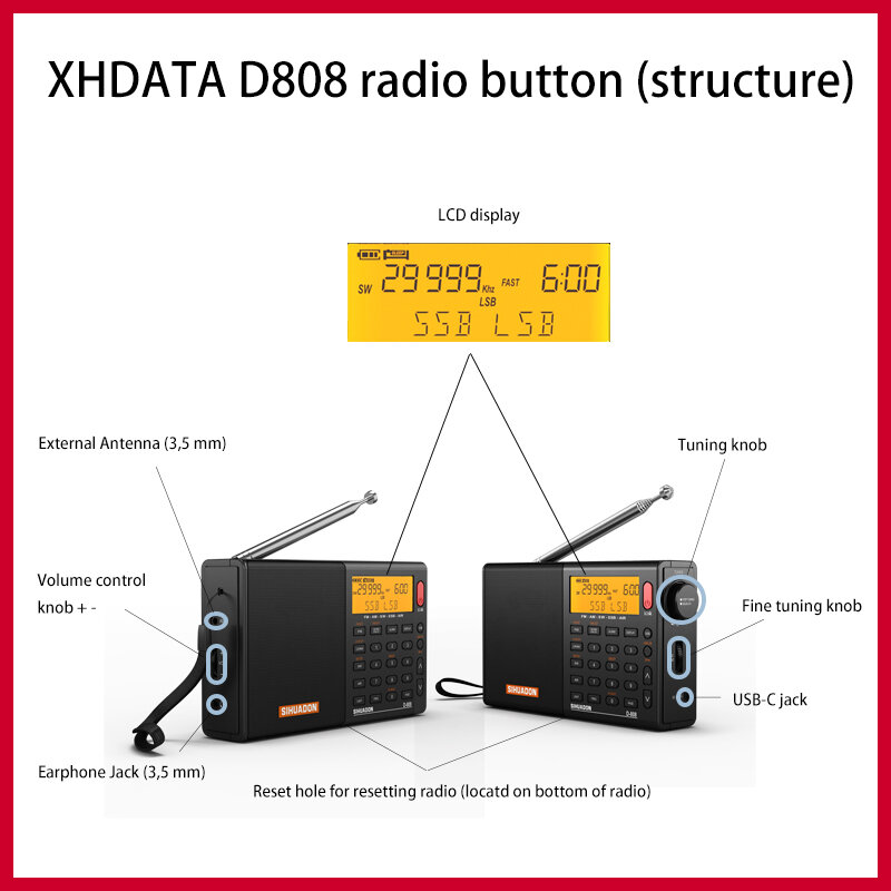 Xhdata sihuadon-ポータブルラジオD-808,FM,ステレオ/sw/mw/lw ssb,デジタルラジオスピーカー,液晶ディスプレイ,アラーム,ラジオ
