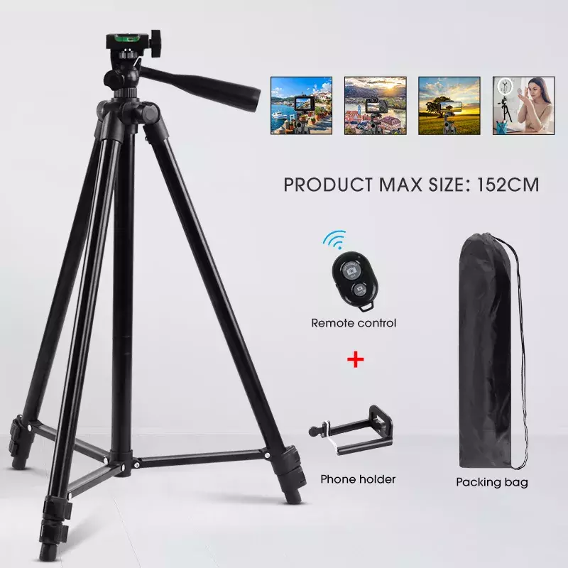 Treppiede nero da 152cm supporto per treppiede portatile estensibile per Selfie con otturatore remoto e borsa per appendere la fotografia di viaggio dei telefoni cellulari